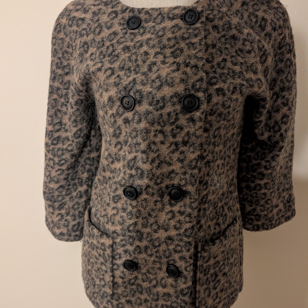 Elegant Animal Print Double-Breasted Pea Wool Blend Coat Small